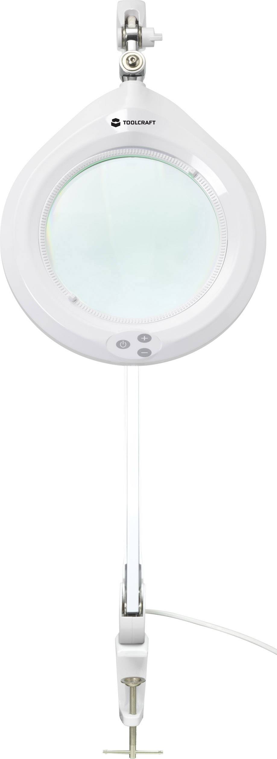 A round LED magnifying lamp with adjustable mount and clamp for attaching to a table, suitable for precision work.