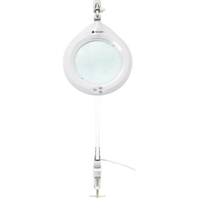 A round LED magnifying lamp with adjustable mount and clamp for attaching to a table, suitable for precision work.