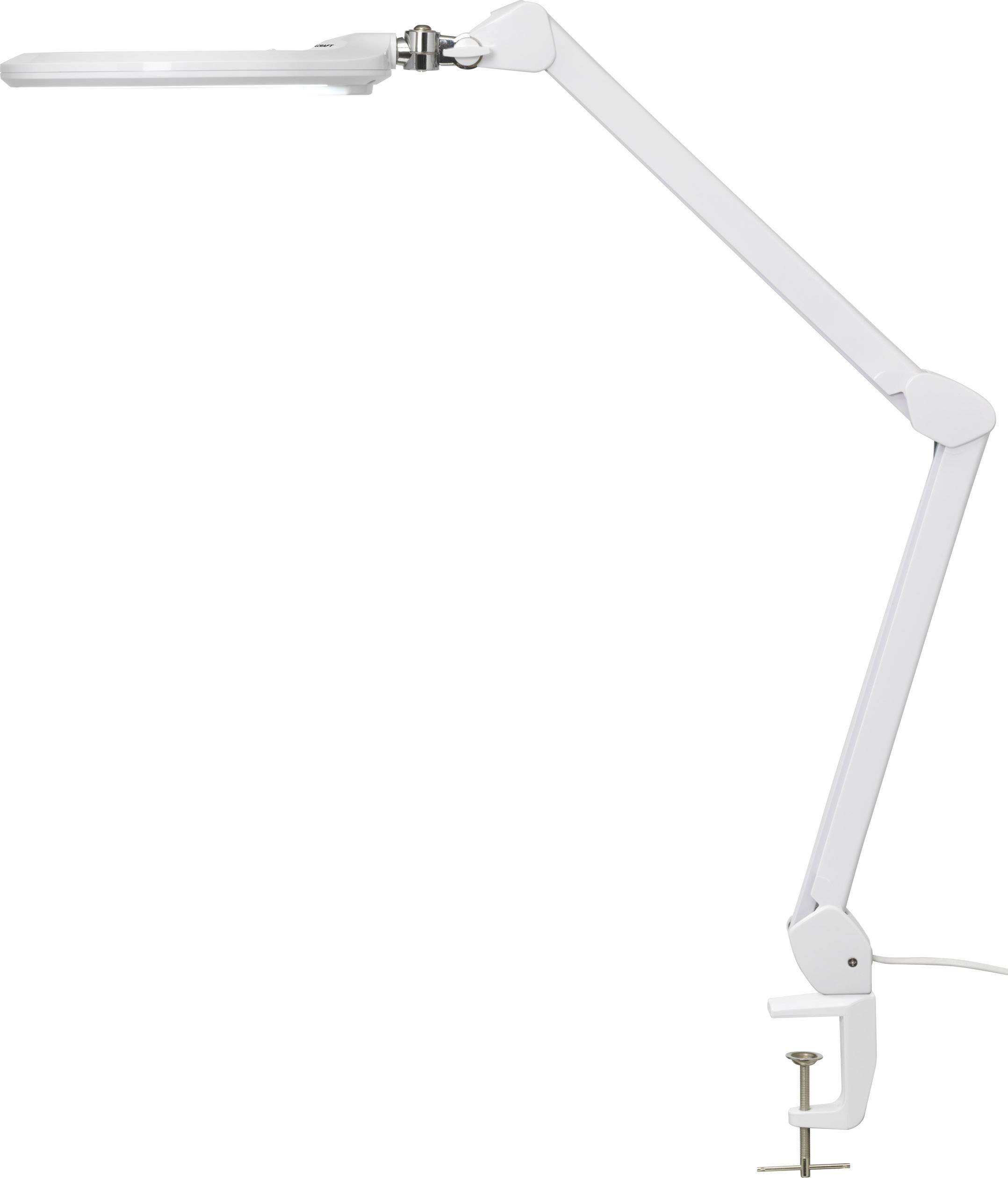 A white desk lamp with an adjustable arm is attached to a table.