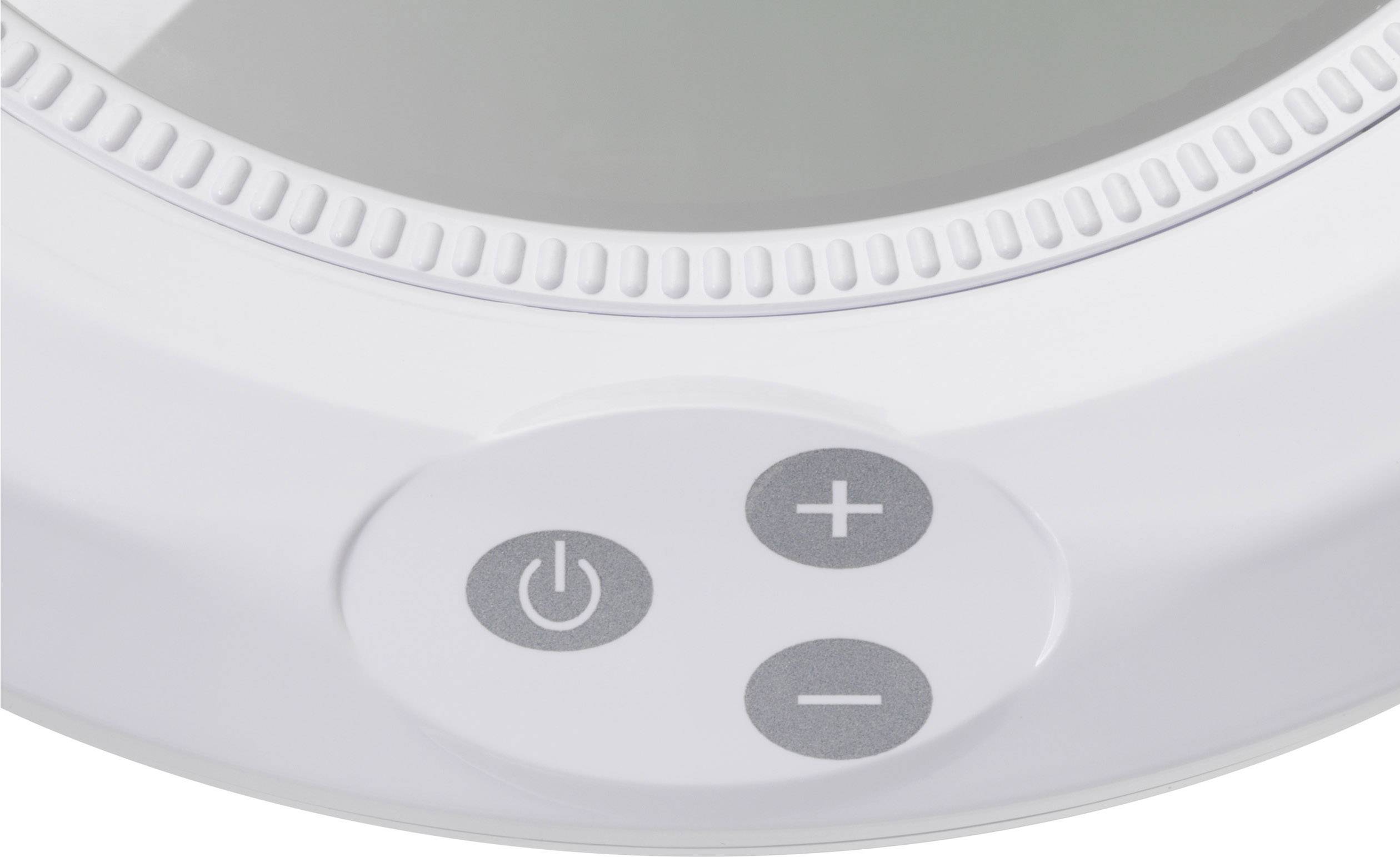 White remote control with three buttons: power on/off switch, "+" and "-" buttons for adjusting the brightness of a smart lamp.