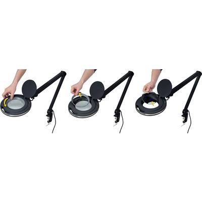 'An arm of a magnifying lamp is assembled in three steps: open cover, insert lens, close cover.'