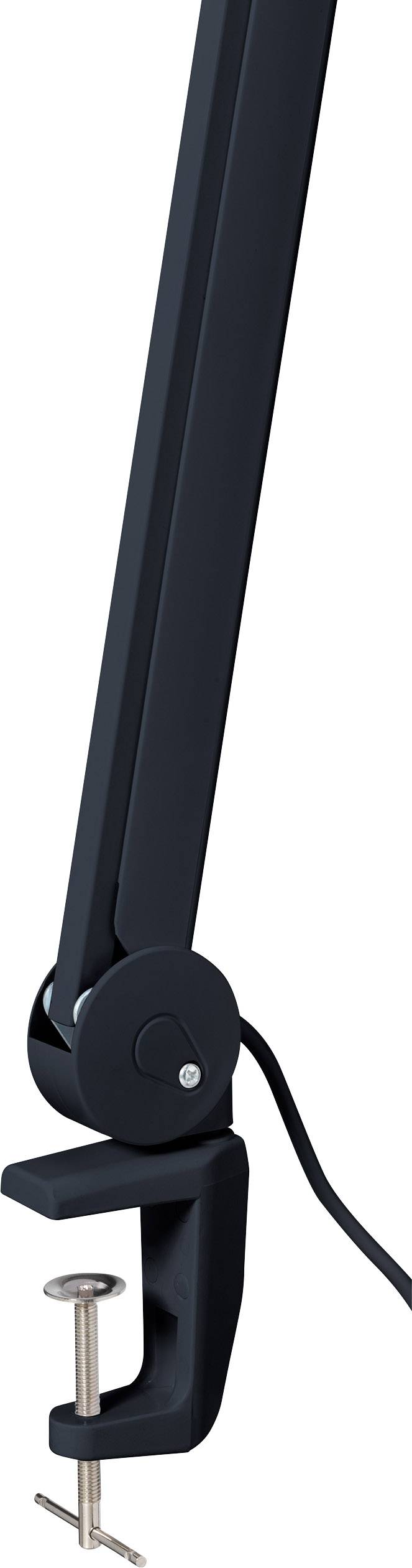 Black microphone arm with desk clamp, suitable for mounting on desks.