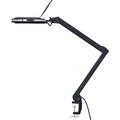'A black desk lamp with an adjustable arm and a clip for the table edge.'
