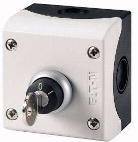 A silver-grey switch with a key on the front, surrounded by a white casing. The switch is set to position '0'.