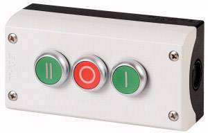 Housing with three buttons: left green with pause symbol, centre red with stop symbol, right green with start symbol.