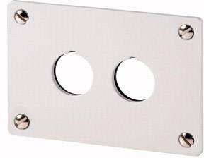 This illustration shows a rectangular white wall plate with two round openings and four mounting screws in the corners.