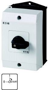 A black switch on a white casing. The switch has three positions: 'I', '0' and 'Start'.<br><br>(Note: This translation appears to already be very close to British English, so minimal changes were needed.)