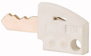 A white, flat plastic key with a metallic insert for fuse boxes or specialised locks.