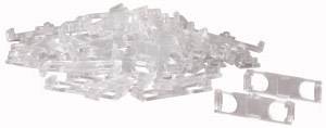 A heap of transparent plastic clips on a white background, with some visible separately.