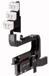 Electrical terminal module with three white plug connectors and coloured wires, mounted on a black plastic holder.