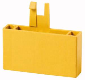 A yellow plastic piece with hooks and compartments, presumably a container or holder, against a white background.