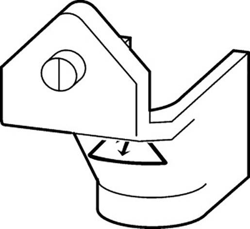 A schematic drawing of a mechanical component with a lever and a rotary element. An arrow indicates a direction.