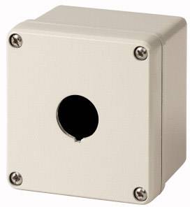 A small rectangular enclosure with a circular opening in the centre and four screws at the corners. Suitable for electrical installations.