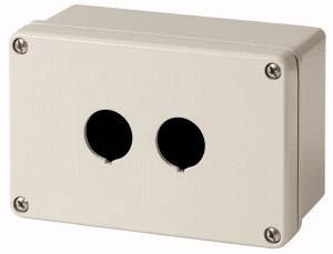A rectangular grey enclosure with two round openings on the front, suitable for switch or button mounting.