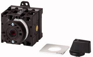 An electrical switch in a black housing with a red central switch, accompanying square plate, and black handle.