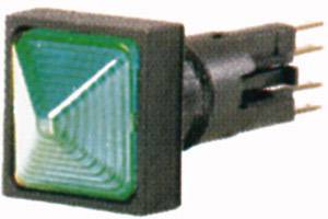 A green square push button switch with multiple connection pins on the back, against a white background.