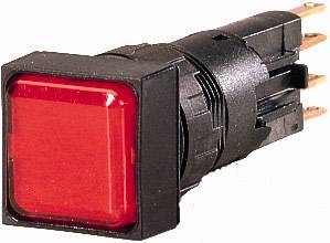 Red square button on a black base, viewed from the side, with metal connections on the back. Switch for electrical devices.