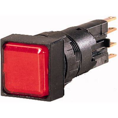 Red square button on a black base, viewed from the side, with metal connections on the back. Switch for electrical devices.