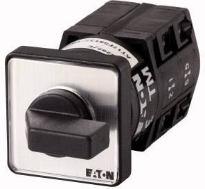A square, black rotary switch with a labelled frame and a button in the centre. Manufacturer name 'Eaton' on the edge.