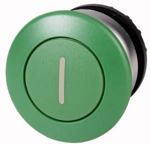 Round green push button with a vertical line symbol in the centre, commonly used in machine controls for switching on or off.
