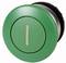 Round green push button with a vertical line symbol in the centre, commonly used in machine controls for switching on or off.