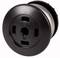 Round, black button with three outlet holes, similar to a socket. Purpose unclear, possibly a plug or accessory part.