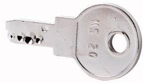 A silver, flat key with a hole at the rounded head and several notches along the shaft.
