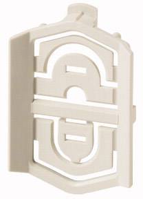 A white, plastic-like component with a geometric design, consisting of circles and lines; technical component.