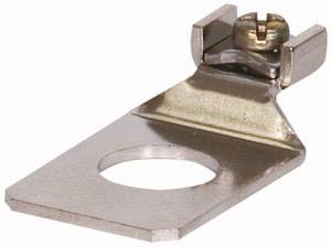 Metallic earthing solder lug with mounting screw. Flat design with round hole for earth connections in electronic applications.