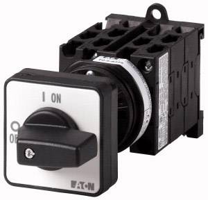 A black rotary switch with 'ON' and 'OFF' labelling by Eaton, mounted on a rectangular enclosure.