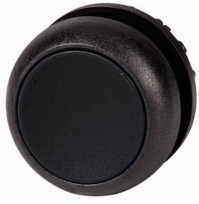 Black press button with a round, glossy edge and matte centre.