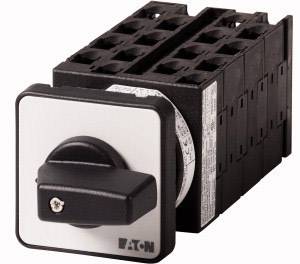 An electrical switch lever with a black handle and silver frame mounted on a rectangular, black casing.