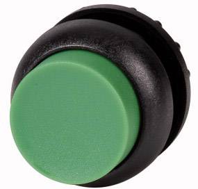 Green round push button with a black base, commonly used for controlling machines or devices.