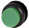 Green round push button with a black base, commonly used for controlling machines or devices.