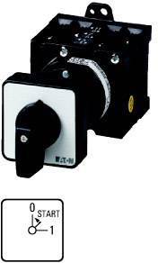 An electrical rotary switch with two positions, '0 START' and '1'. The switch has a black lever on a white background.