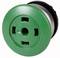 Green round push button with multiple openings, likely part of an electronic switch or control element.