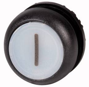 Round, black button with a blue centre and a vertical, dark grey bar in the middle.