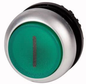 A round, green push button with a silver rim and a vertical line in the centre.