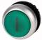 A round, green push button with a silver rim and a vertical line in the centre.