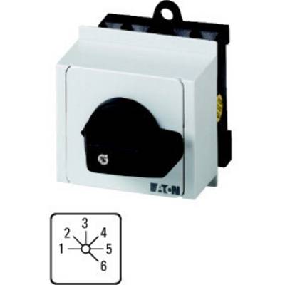 Rotary switch with symbol: Positions 1-6. Function: Control of electrical devices. Manufacturer: Eaton. Main components black and silver.