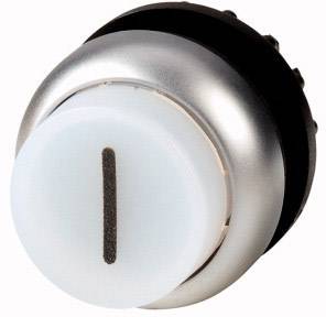 Round, silver push button with a transparent plastic cover and a black stripe in the middle, against a white background.