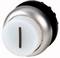 Round, silver push button with a transparent plastic cover and a black stripe in the middle, against a white background.