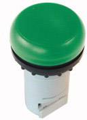 Green button on a white background, typical design for a start-stop switch in machine controls.