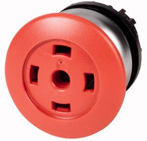 Red emergency stop push button in close-up. This button is used to quickly switch off equipment in an emergency.