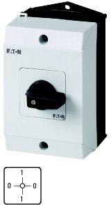 Industrial rotary switch in central position, with a switching symbol beside it showing three positions: '0', '1', '0'.