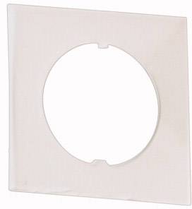 Cover plate for a light switch or socket, square-shaped with a circular cut-out in the centre, made of light beige plastic.