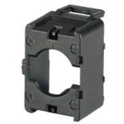 Black plastic housing for industrial applications, rectangular with a central circular opening and side mounting device.
