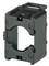 Black plastic housing for industrial applications, rectangular with a central circular opening and side mounting device.