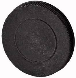 A black camera lens cap with a ridged edge, shown slightly angled.