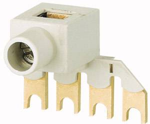 A white, rectangular jack socket with gold-plated plug contacts, suitable for electrical connections.